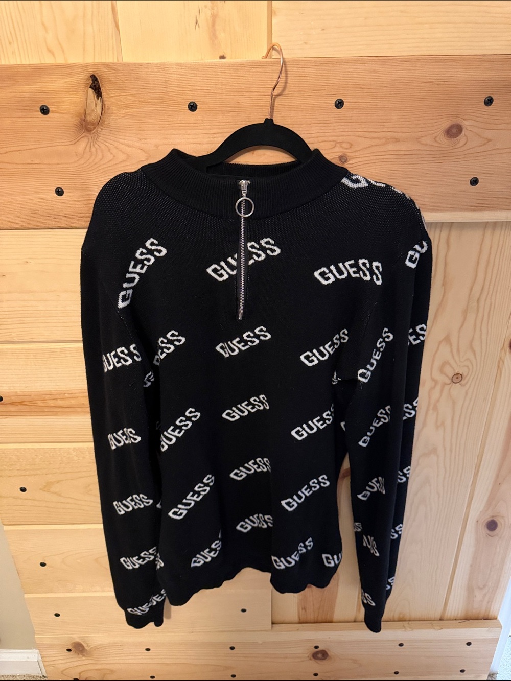 Guess Black Zip-Front Logo Knit Sweater